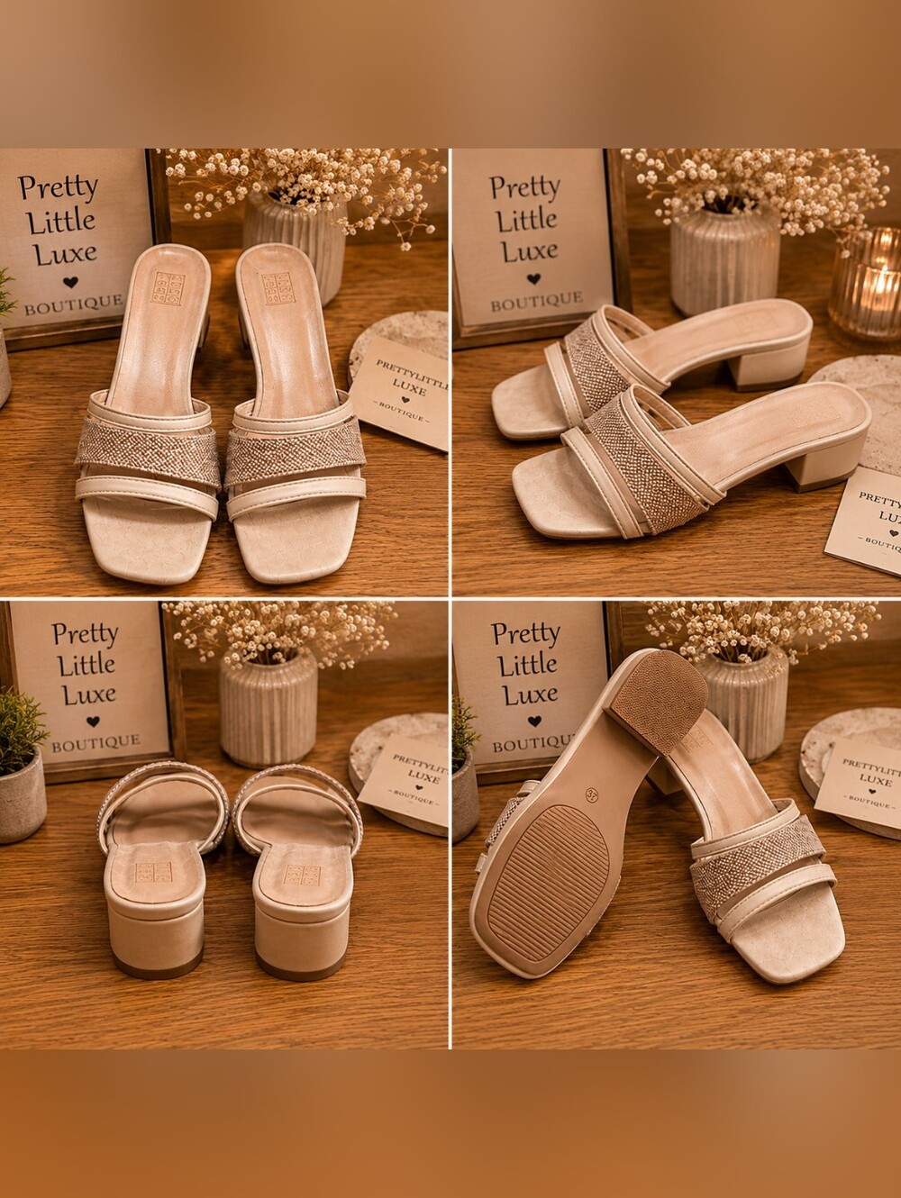 Cream Beige Woven Straw Block Heel Slide Sandals Square Toe 7